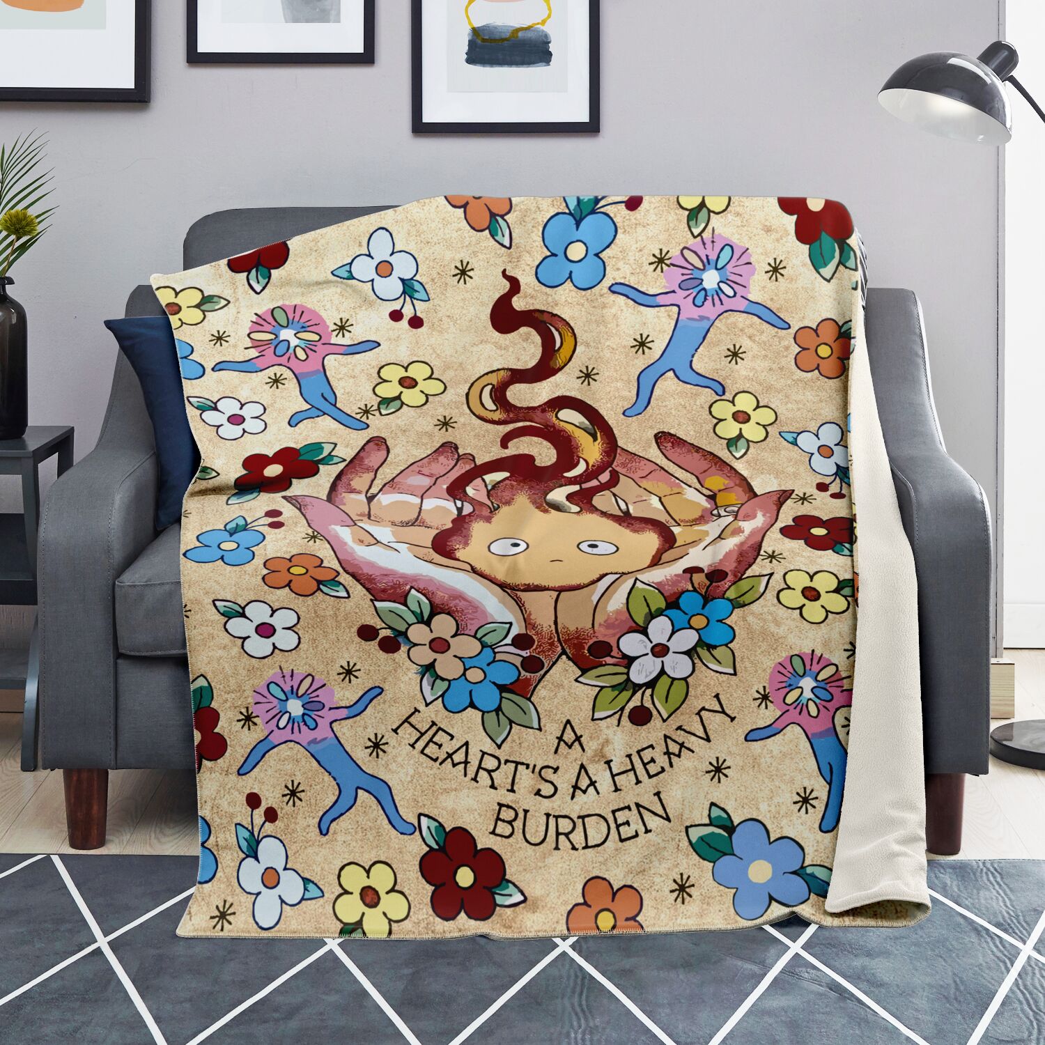 Calcifer Floral “A Heart’s A Heavy Burden” Sherpa-Style Blanket