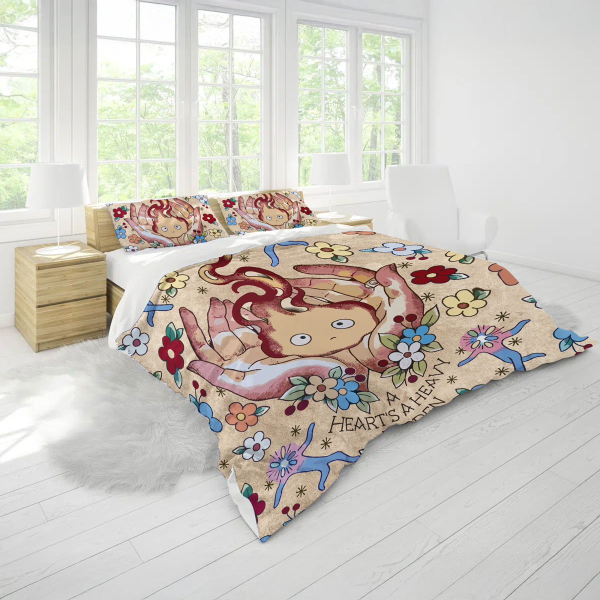 Calcifer Floral Art Bedding Set – Howl’s Moving Castle Studio Ghibli Duvet Cover - Image 2