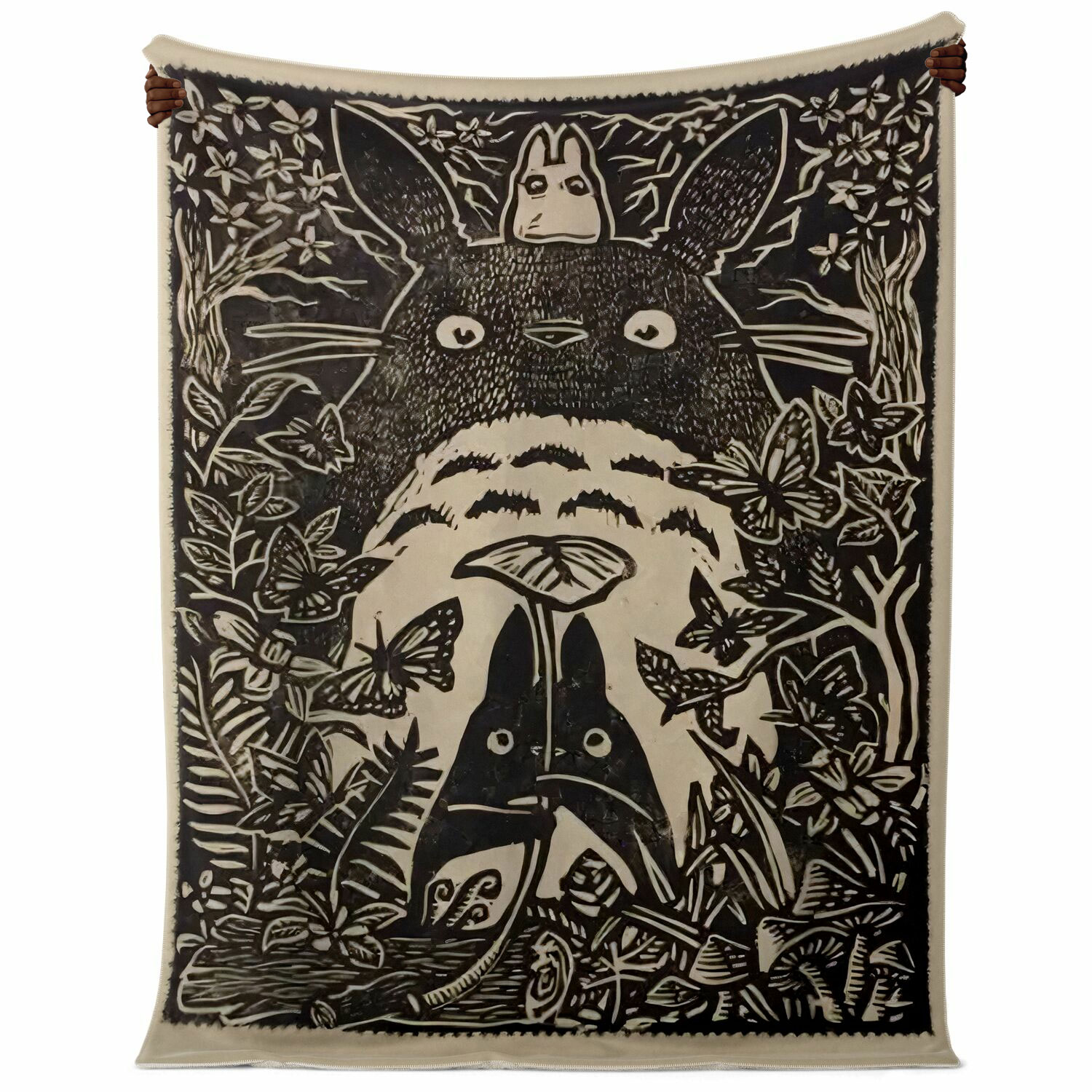 My Neighbor Totoro Forest Woodcut Art Sherpa-Style Blanket - Image 4