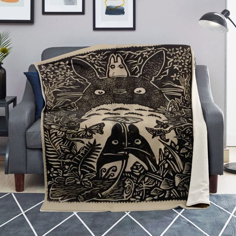My Neighbor Totoro Forest Woodcut Art Sherpa Style Blanket 4