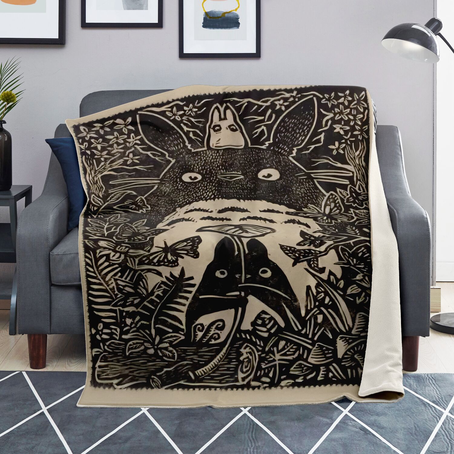 My Neighbor Totoro Forest Woodcut Art Sherpa-Style Blanket