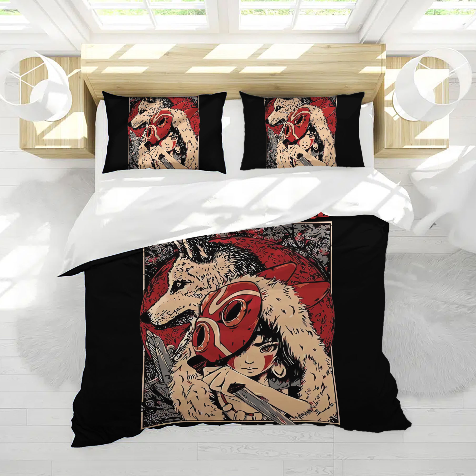 Princess Mononoke Red Moon Warrior Vintage Bedding Set - Image 4