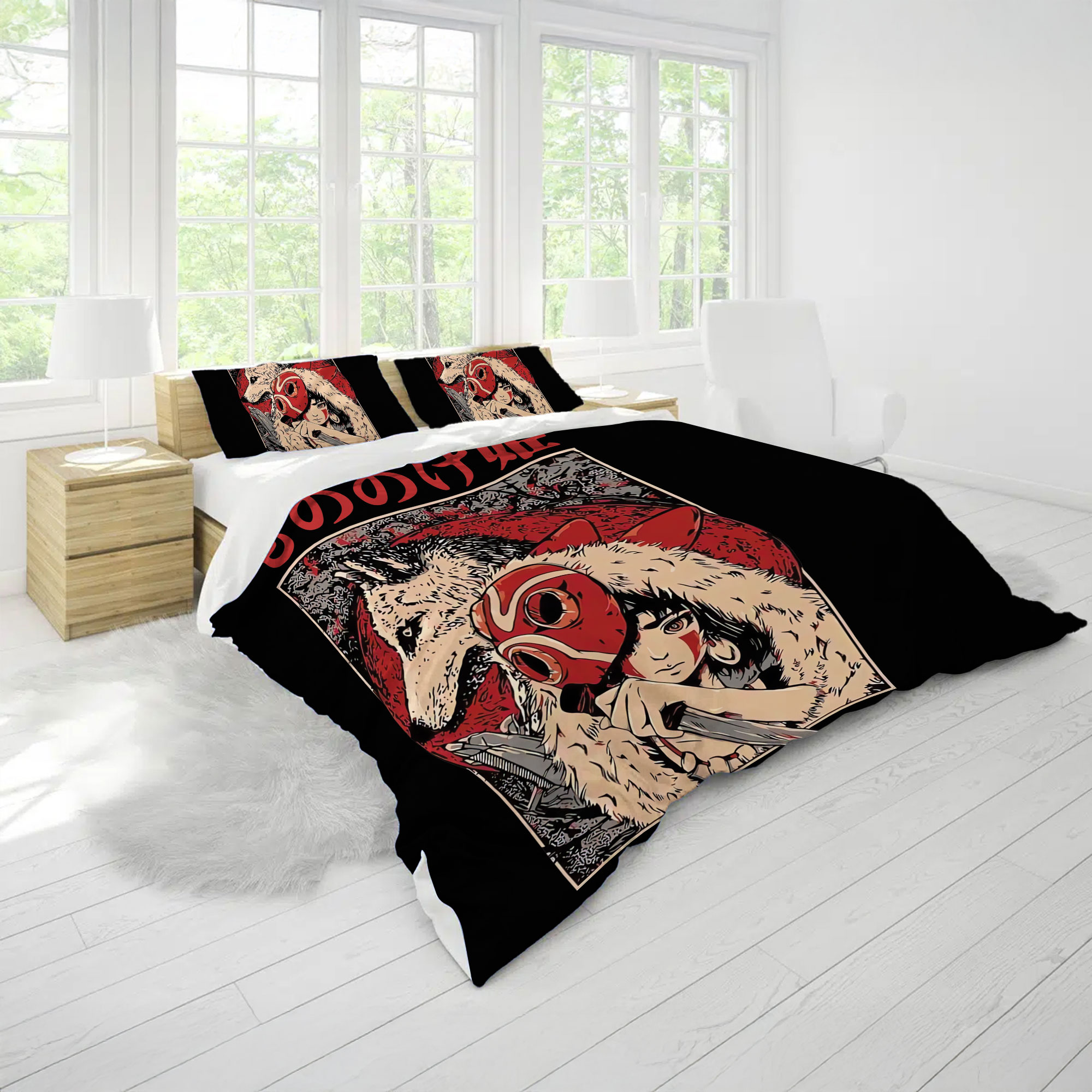 Princess Mononoke Red Moon Warrior Vintage Bedding Set - Image 3