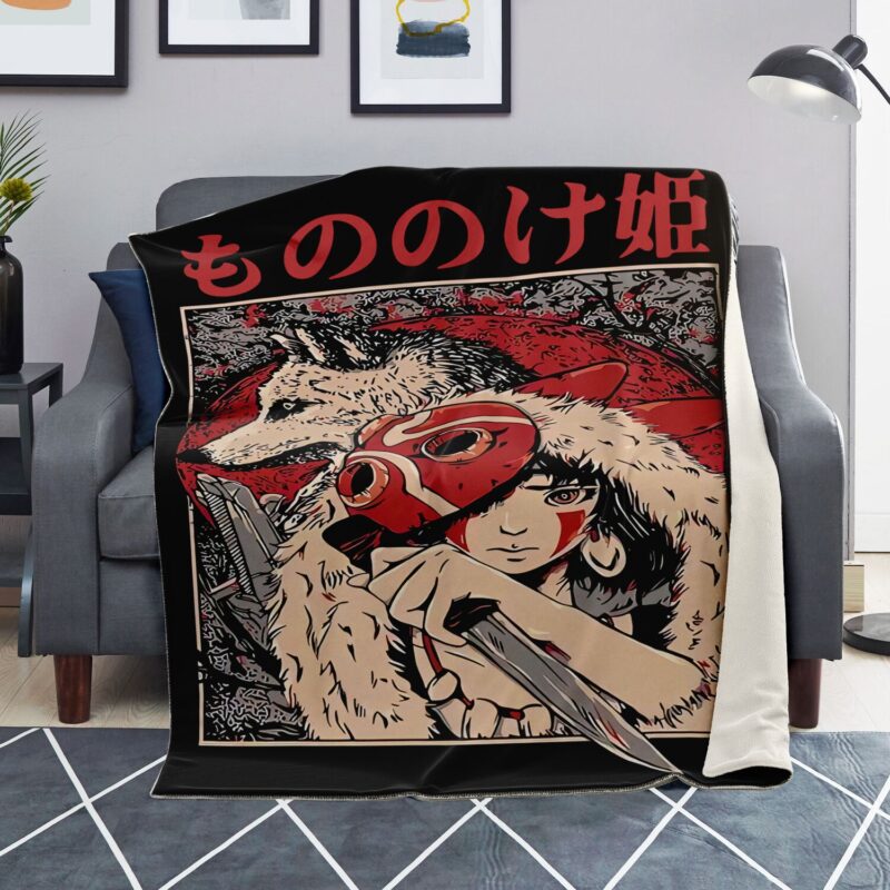 Princess Mononoke Vintage Red Mask Woodcut Poster Sherpa Blanket 8