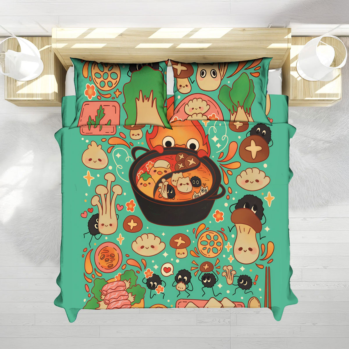 Studio Ghibli Calcifer Hotpot Kawaii Mint Bed Set
