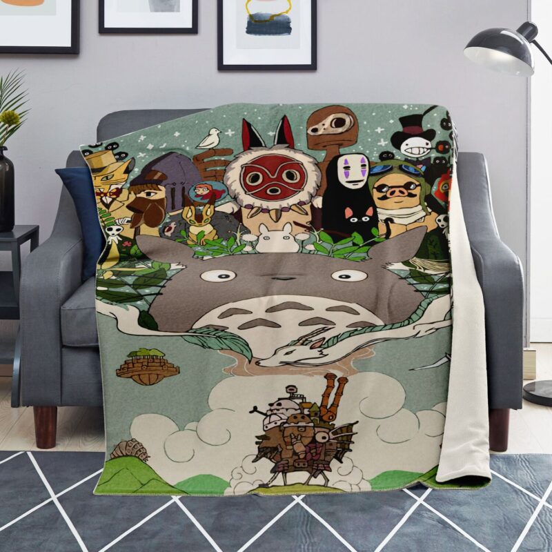 Studio Ghibli Characters Collage Vintage Poster Sherpa Style Blanket 1