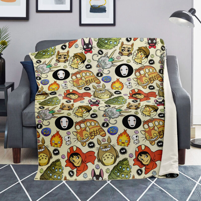 Studio Ghibli Characters Pattern Cozy Sherpa Style Blanket 1