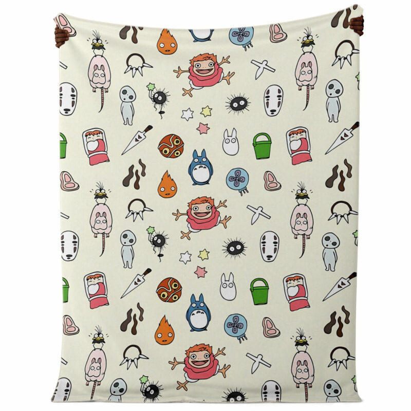 Studio Ghibli Chibi Characters Pattern Sherpa-Style Blanket