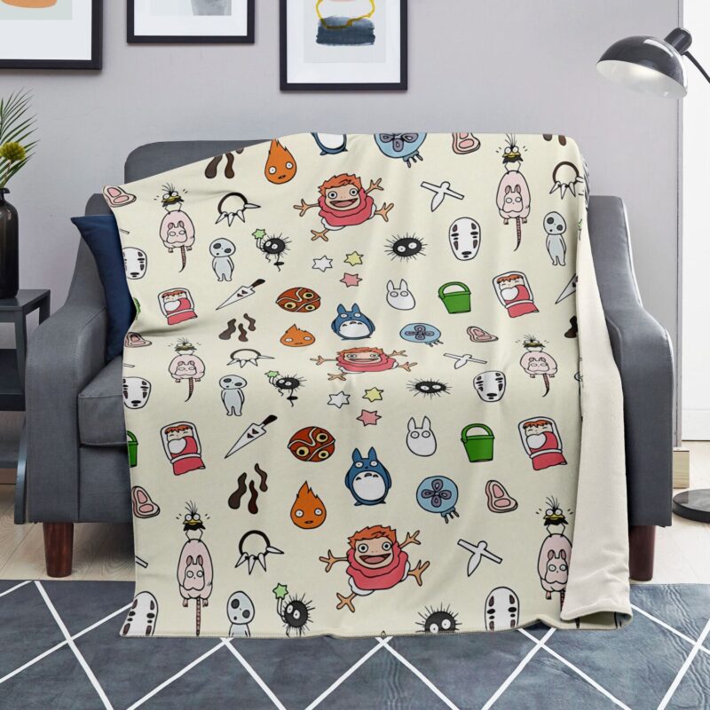 Studio Ghibli Chibi Characters Pattern Sherpa Style Blanket 4