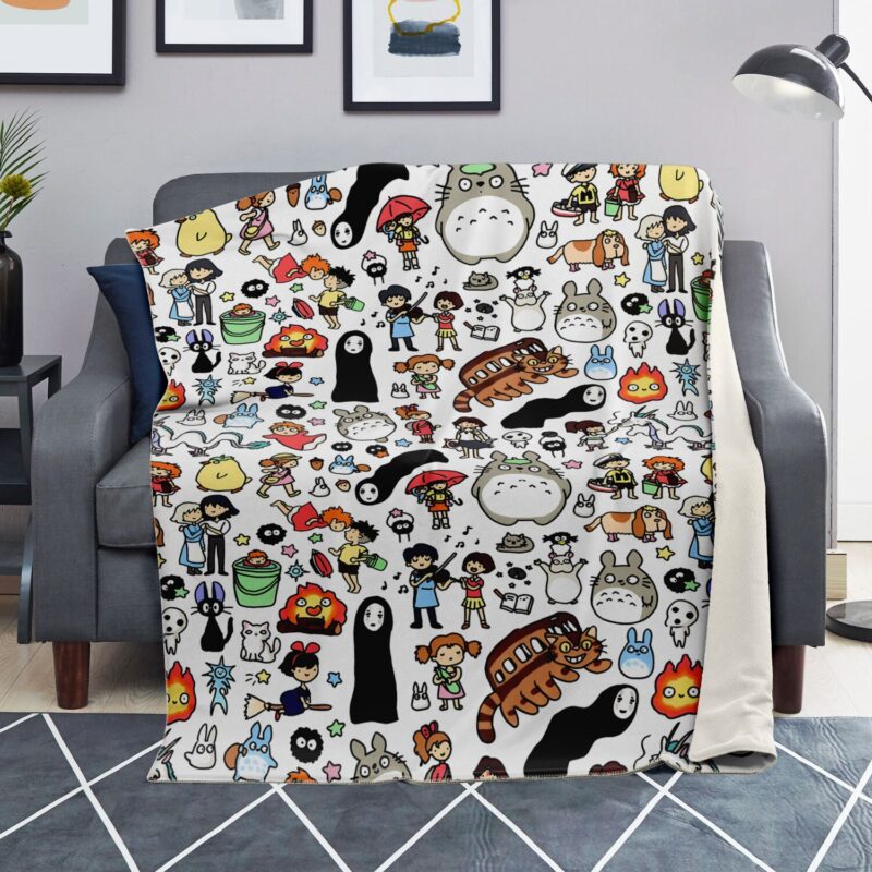 Studio Ghibli Full Chibi Doodle Characters Sherpa Style Blanket 4