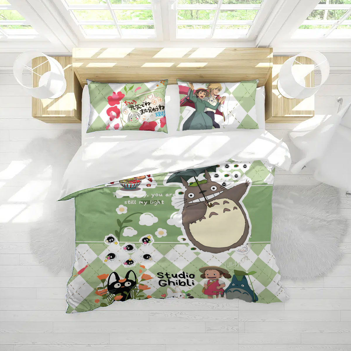 Studio Ghibli Pastel Green Cute Characters Bed Set - Image 4