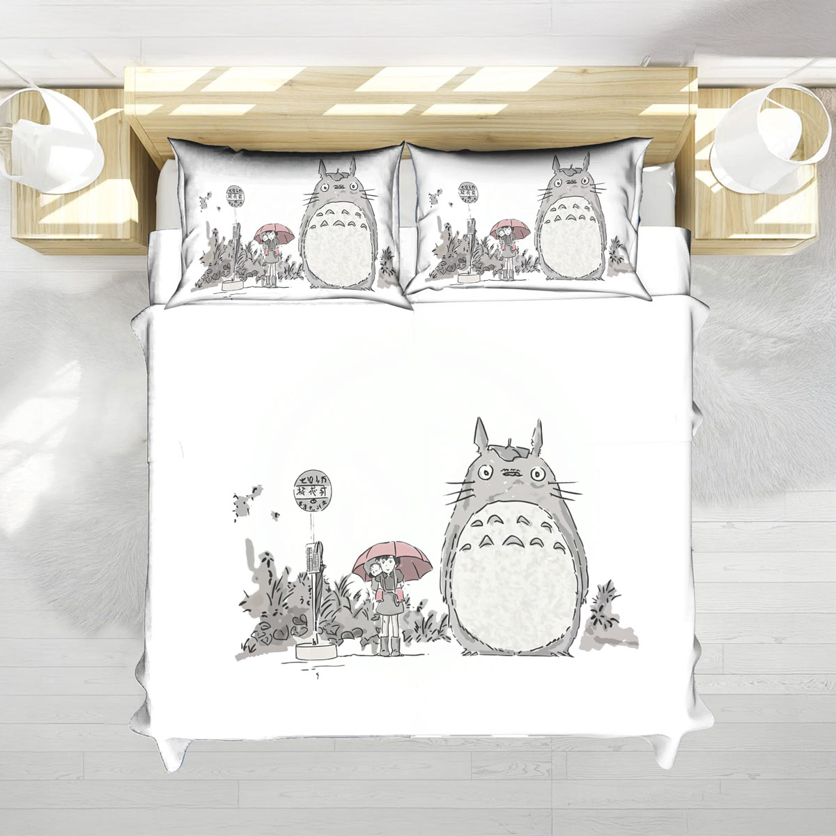 Studio Ghibli Totoro Bus Stop Minimal Sketch Bed Set