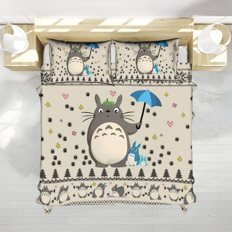 Studio Ghibli Totoro Umbrella Beige Cute Pattern Bed Set 2