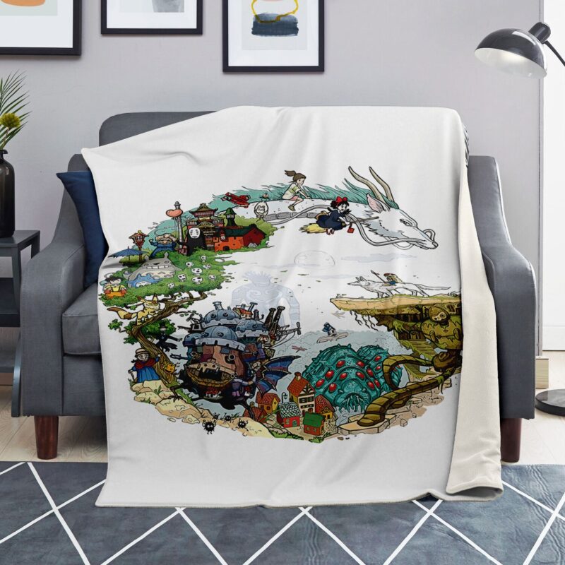 Studio Ghibli World Map Circle Illustration Sherpa Style Blanket 4
