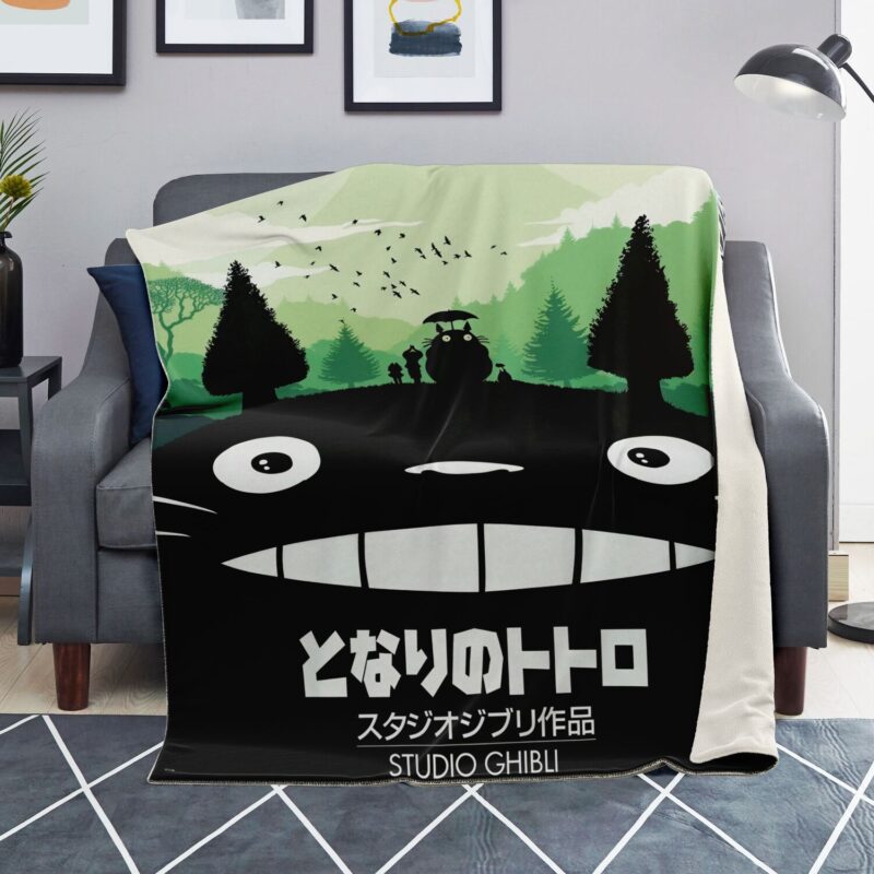 Totoro Forest Silhouette Green Poster Sherpa Style Blanket 1