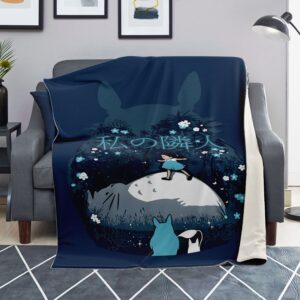 Totoro Night Silhouette Floral Glow Sherpa-Style Blanket