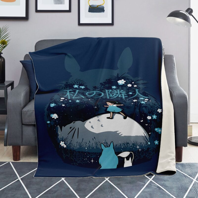 Totoro Night Silhouette Floral Glow Sherpa Style Blanket 1