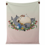 Studio Ghibli Totoro Pastel Floral Family Nap Sherpa-Style Blanket