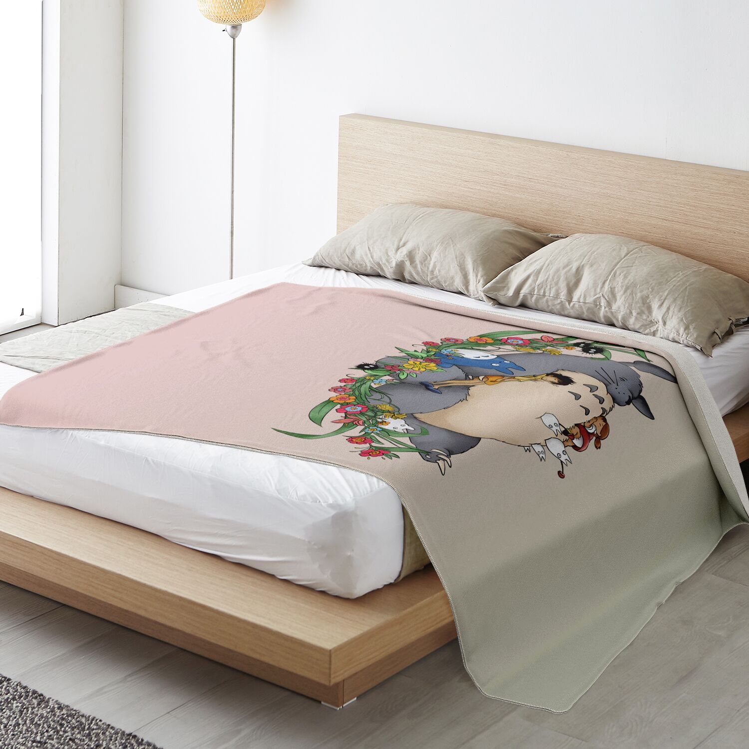 Studio Ghibli Totoro Pastel Floral Family Nap Sherpa-Style Blanket - Image 3