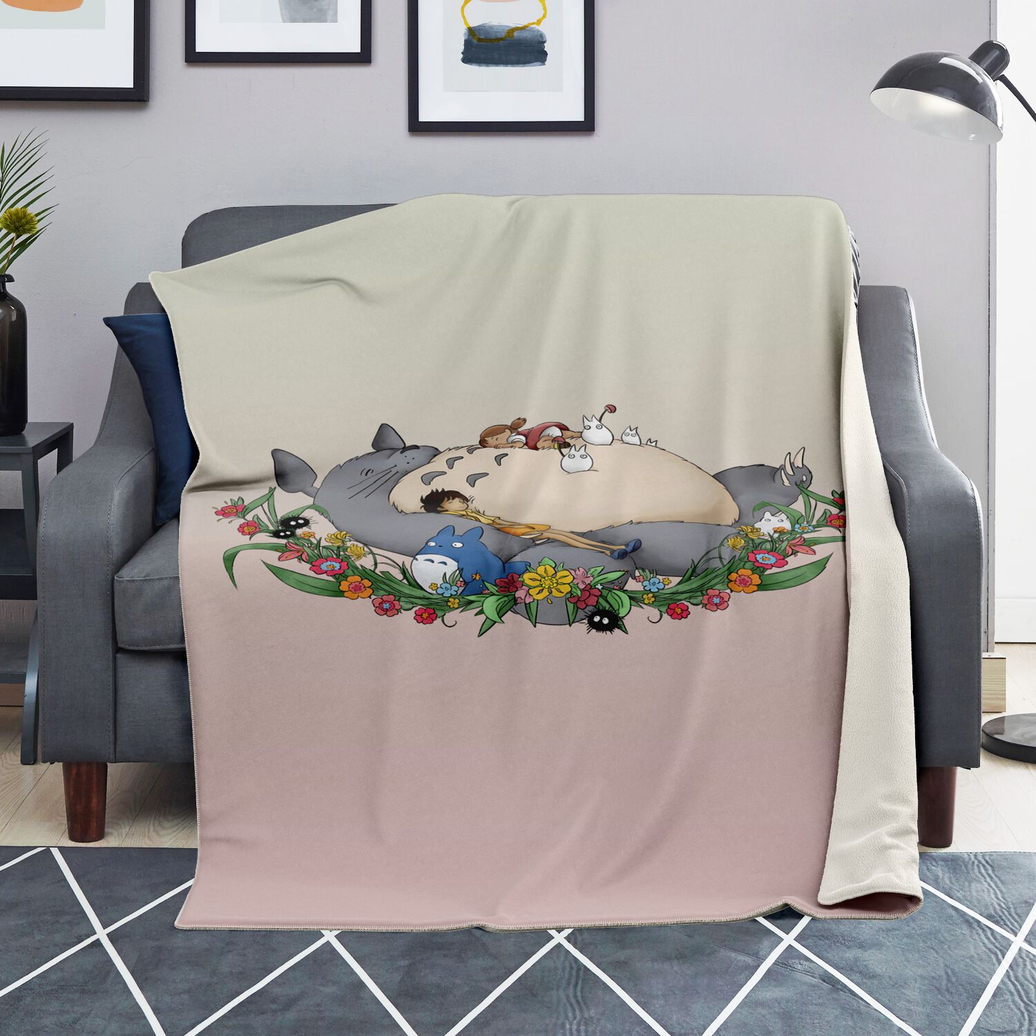 Studio Ghibli Totoro Pastel Floral Family Nap Sherpa-Style Blanket - Image 2