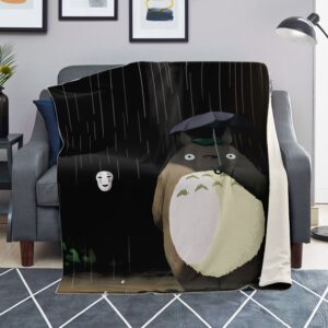 Totoro Rainy Night No-Face Minimalist Poster Sherpa-Style Blanket