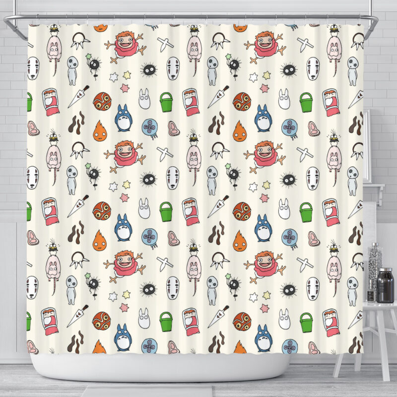 Ghibli All Characters Pastel Pattern Shower Curtain Bathroom 4