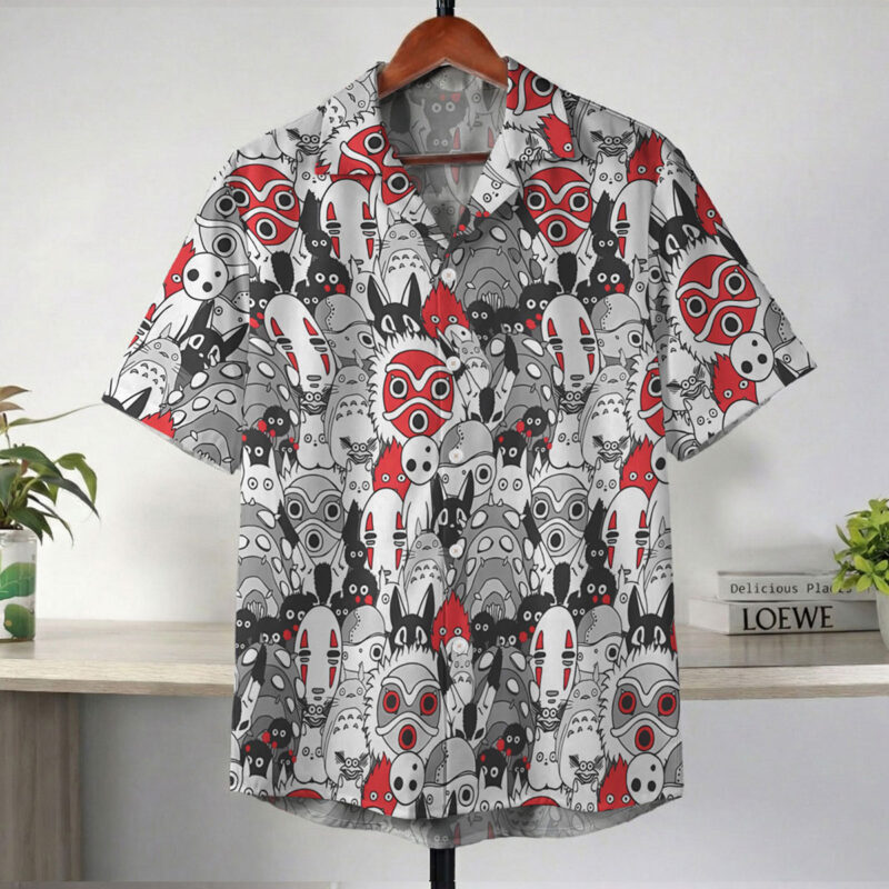 Ghibli Red Black Character Crowd Pattern Hawaiian Shirt 2