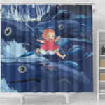 Ponyo Running on Waves Ghibli Bathroom Curtain