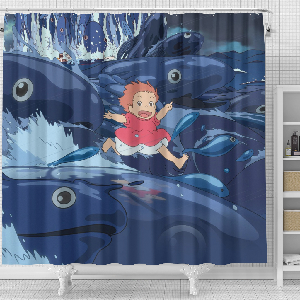 Ponyo Running on Waves Ghibli Bathroom Curtain 1 Ponyo Running on Waves Ghibli Bathroom Curtain