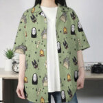 Sage Green Ghibli Character Pattern Hawaiian Shirt