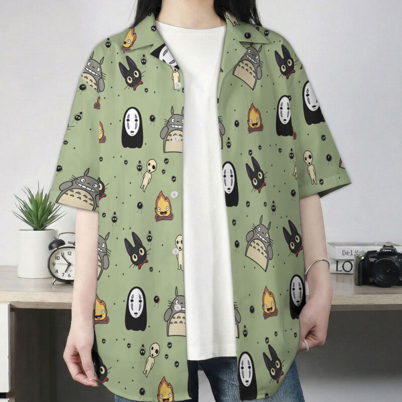 Sage Green Ghibli Character Pattern Hawaiian Shirt 1