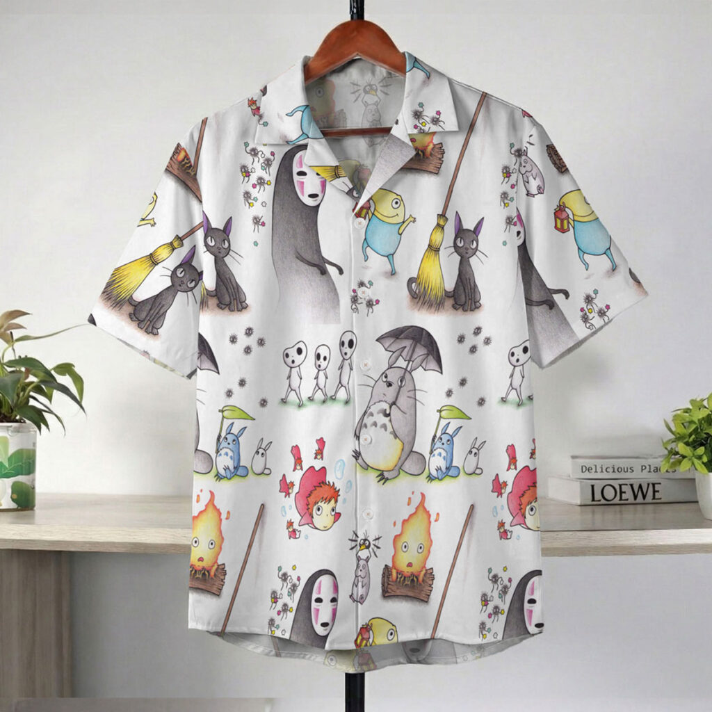 Studio Ghibli Hand Drawn All Characters White Hawaiian Shirt 2