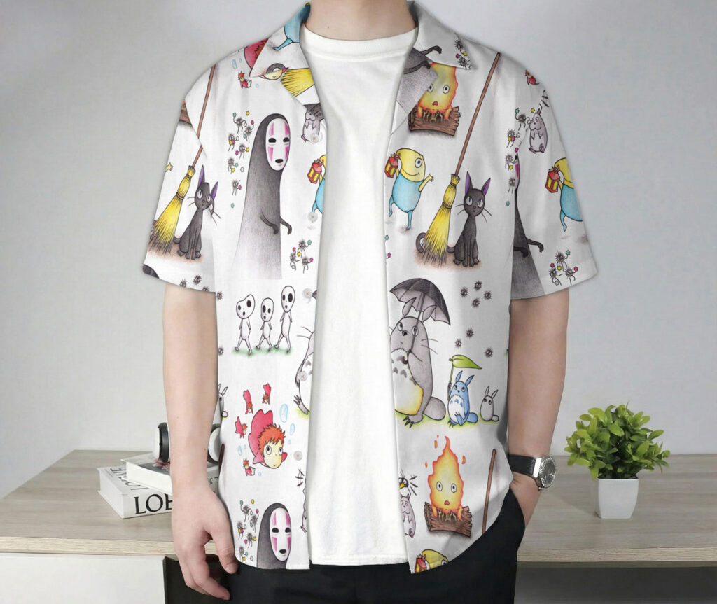 Studio Ghibli Hand Drawn All Characters White Hawaiian Shirt 4