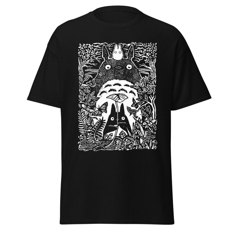Studio Ghibli Totoro Woodcut Style Black White T Shirt 2