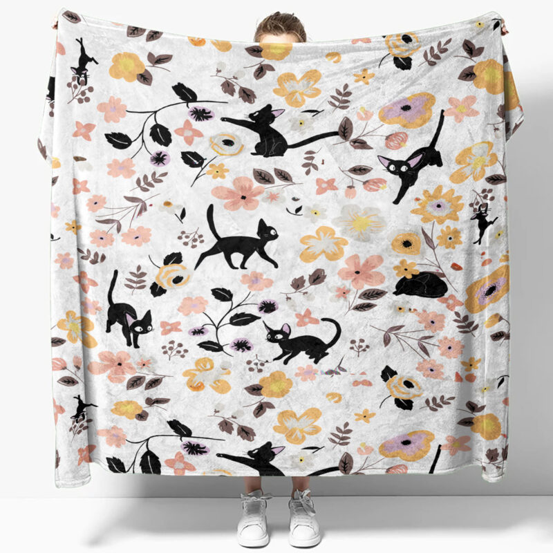 Cute Black Cat Floral Pattern Cozy Plush Blanket 2
