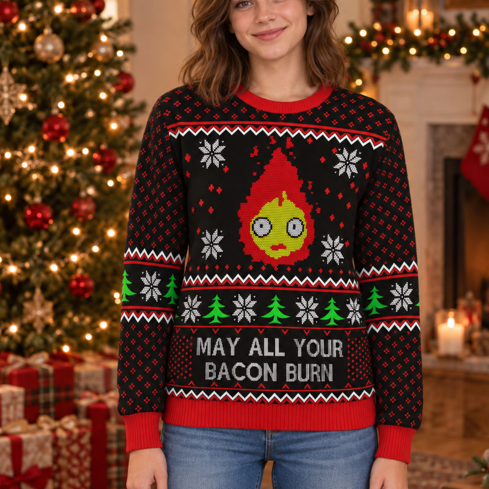 Howl’s Moving Castle Calcifer Bacon Ugly Christmas Sweater 7 Howls Moving Castle Calcifer Bacon Ugly Christmas Sweater av