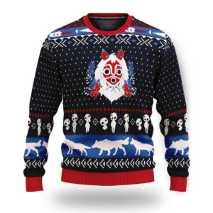 Princess Mononoke Mask and Wolves Ugly Christmas Sweater