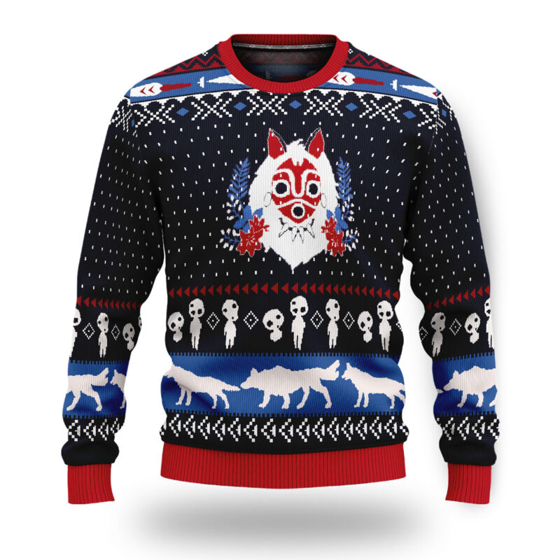 Princess Mononoke Mask and Wolves Ugly Christmas Sweater 2